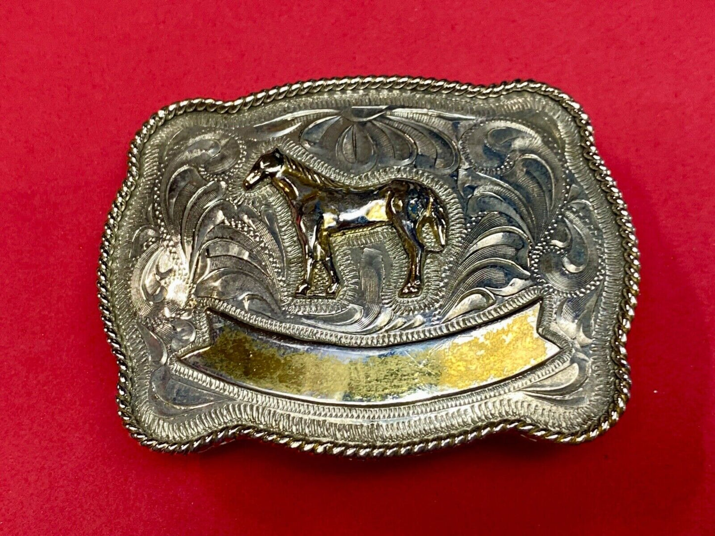 Vintage HORSE western Justin Boot Company belt buckle with Award Ribbon