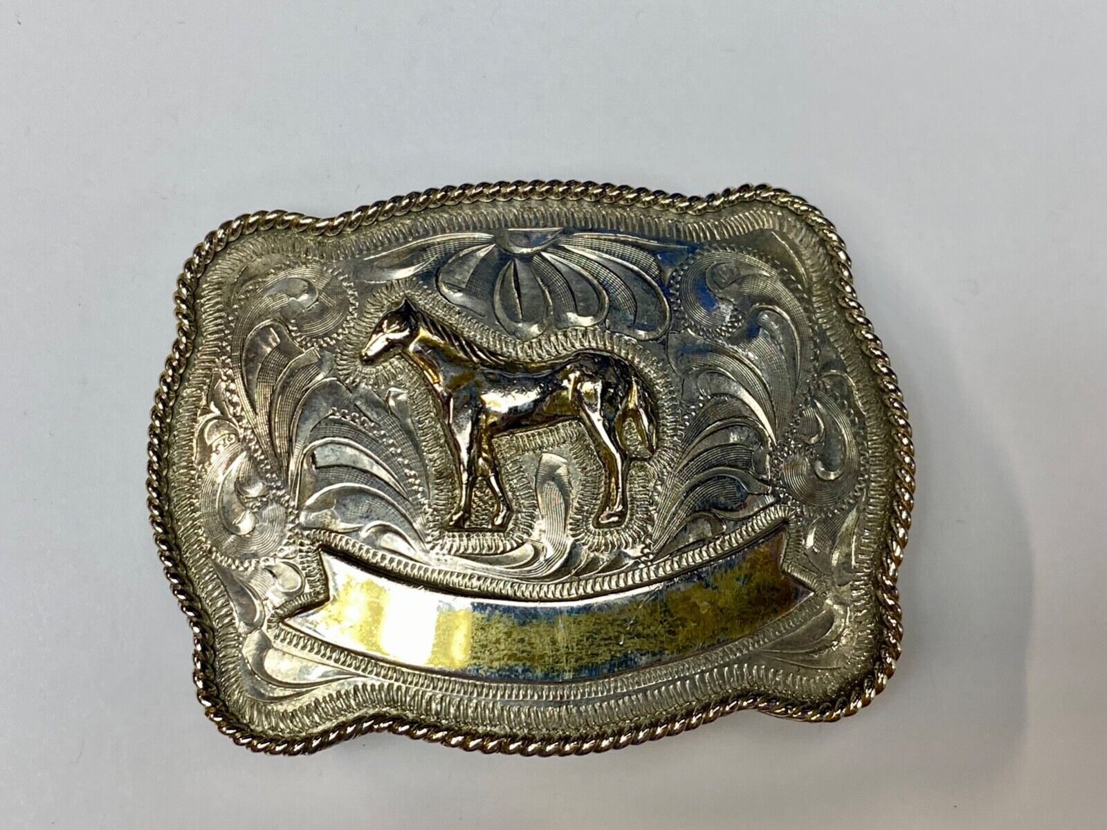 Vintage HORSE western Justin Boot Company belt buckle with Award Ribbon
