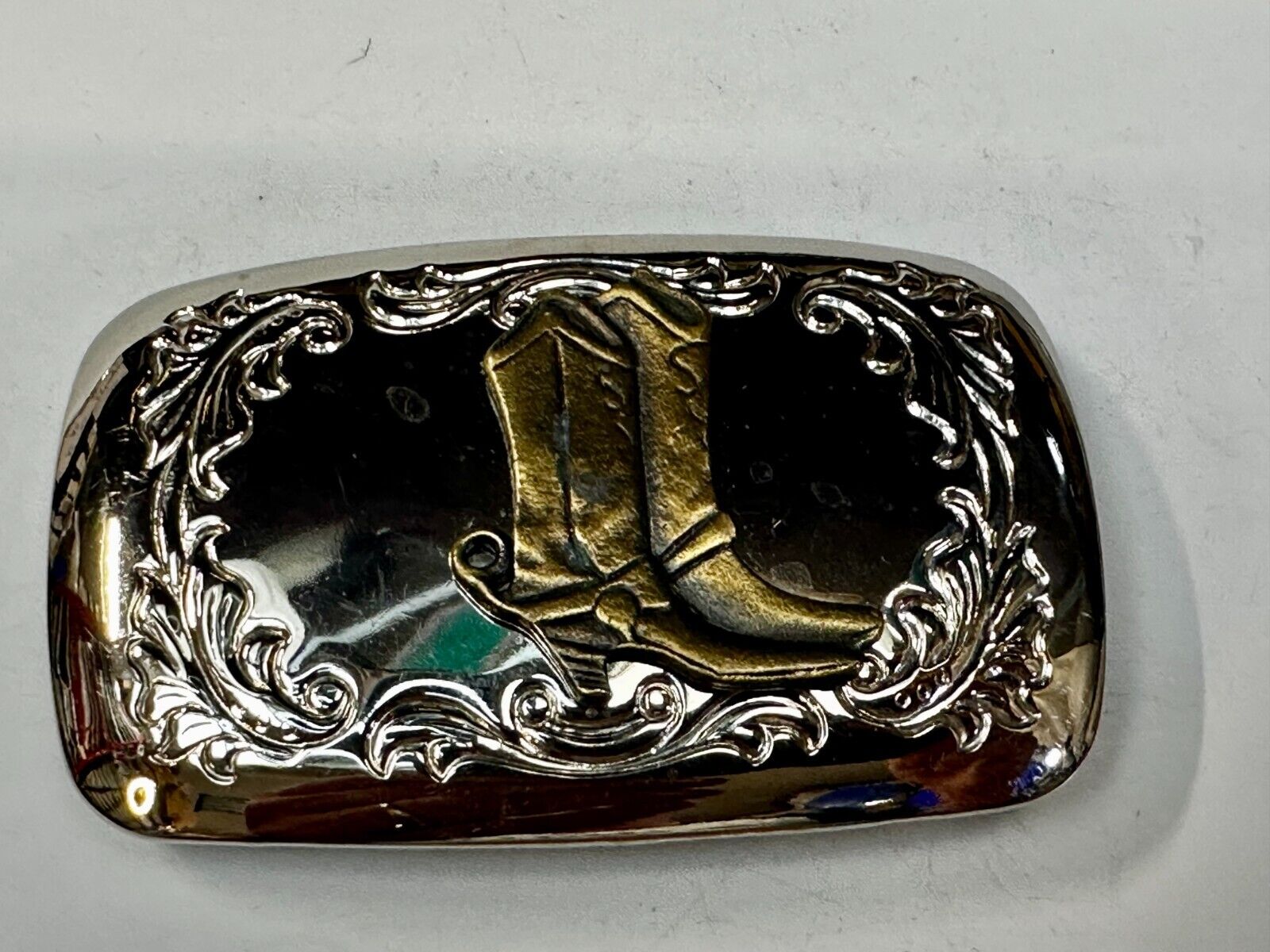 Western Cowboy Boots Vtg Two Tone Swirl Flower Border Belt Buckle - Made in USA