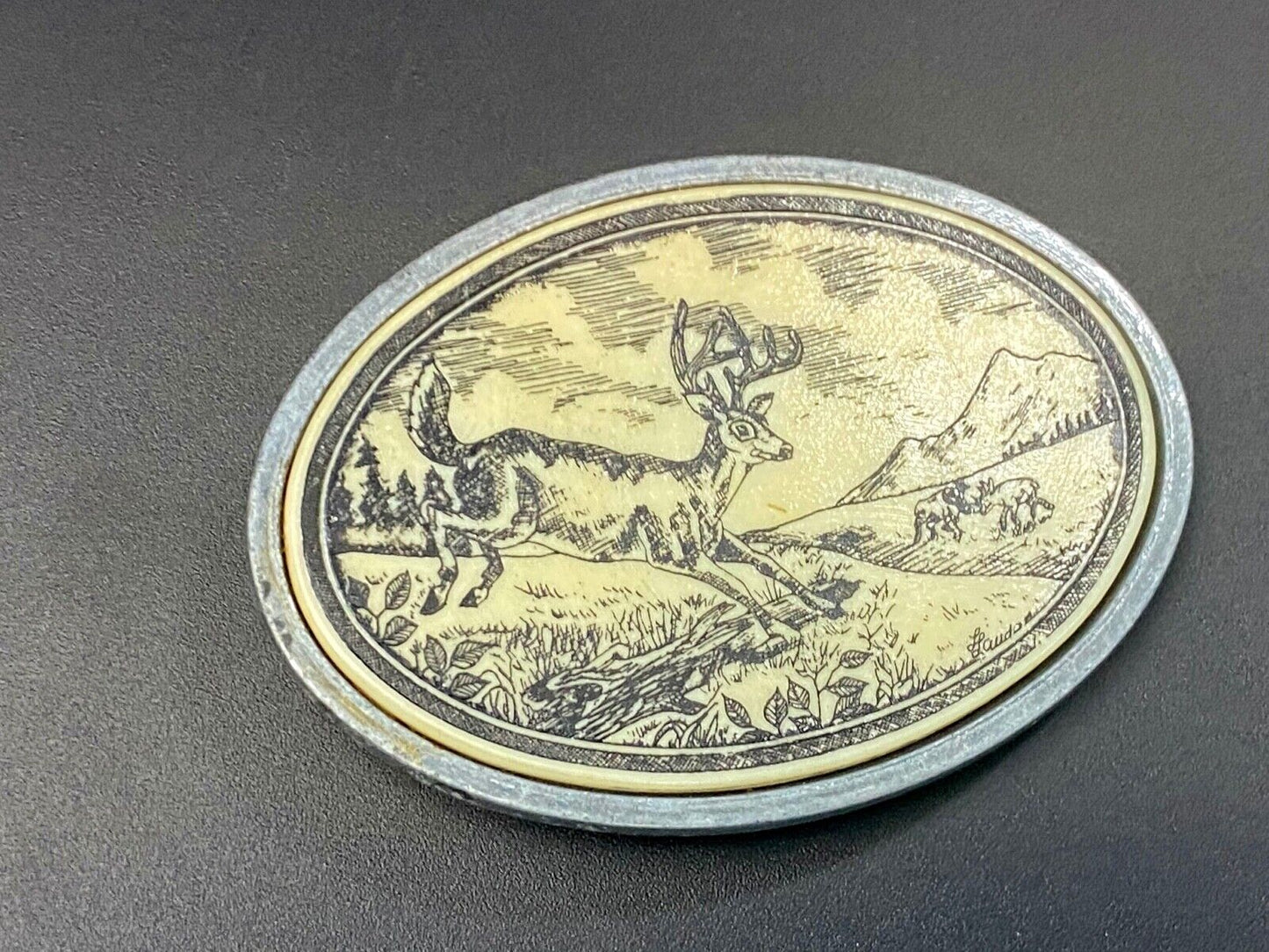 Vintage DEER jumping in nature handcrafted scrimshaw style series belt buckle 