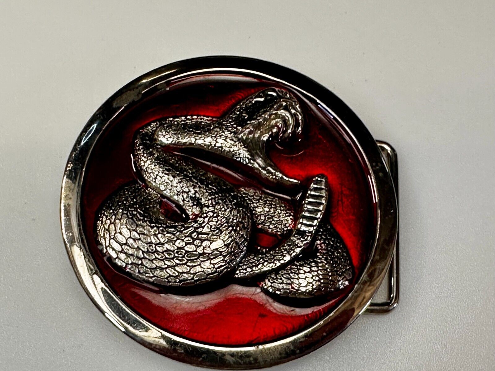 Attacking Snake with Fangs Red Enameled Round Belt Buckle Classico Italia #A246