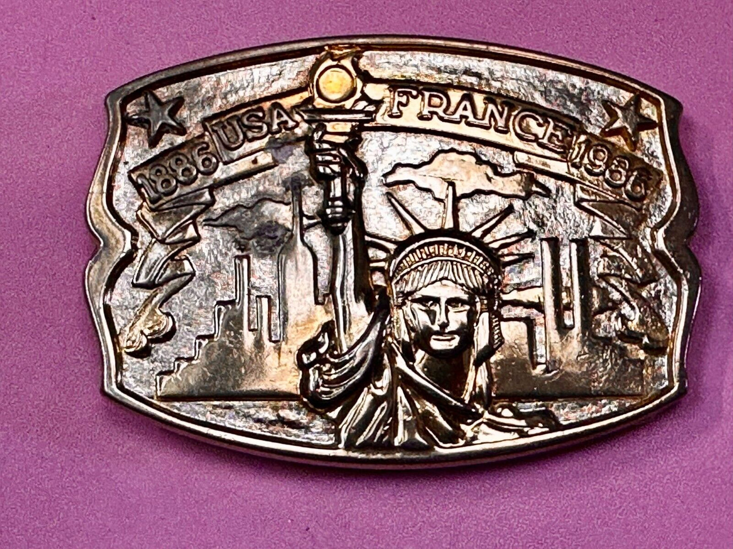 USA France Lady Liberty Statue Commemorative two tone Hammond Mint Belt Buckle
