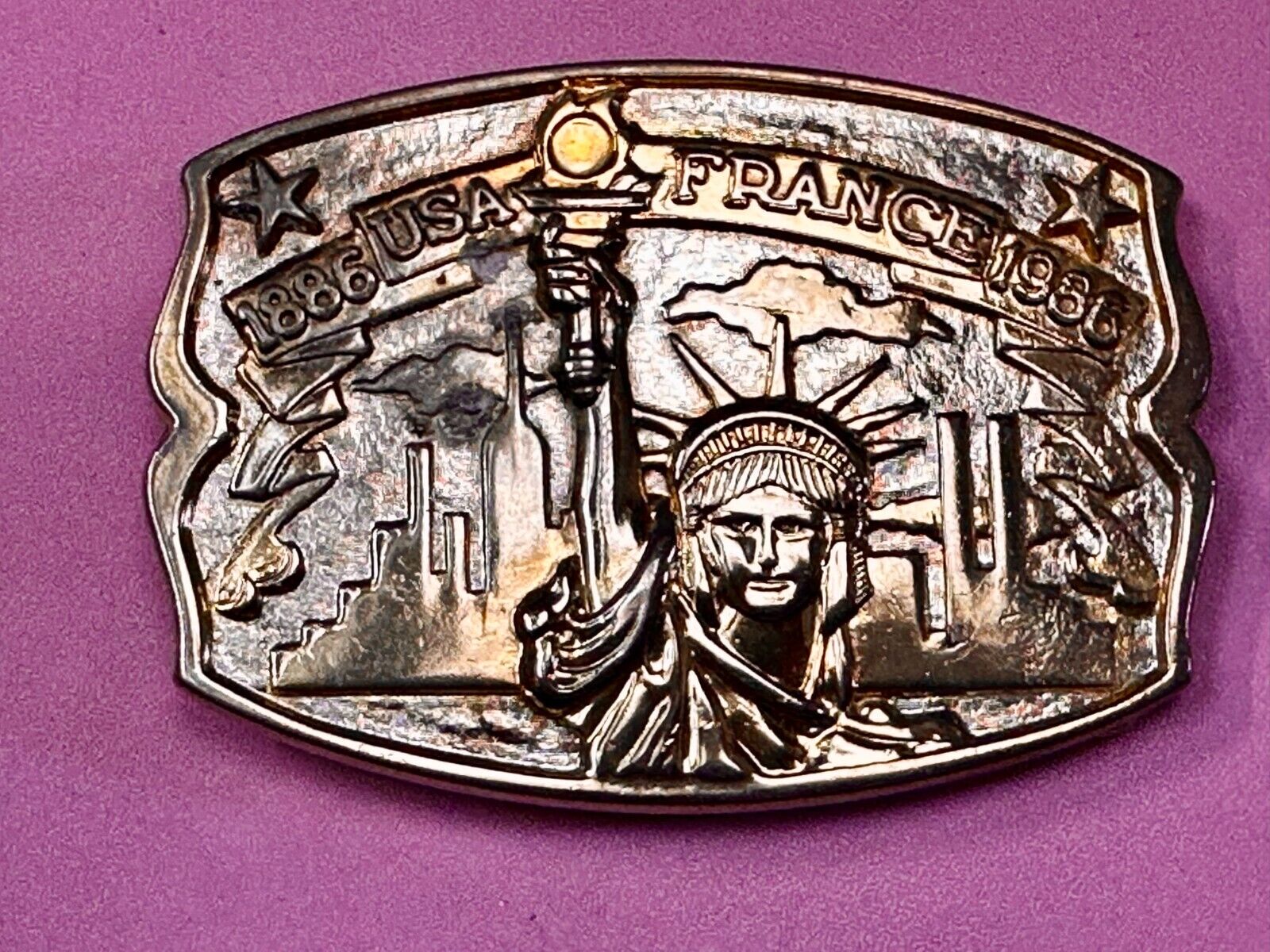 USA France Lady Liberty Statue Commemorative two tone Hammond Mint Belt Buckle