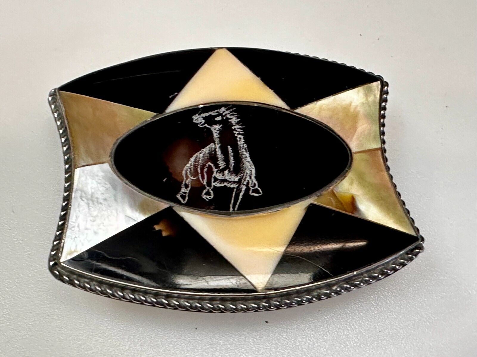 Antique Etched Bronco Mother of Pearl Inlay Artisan Silver? Belt Buckle