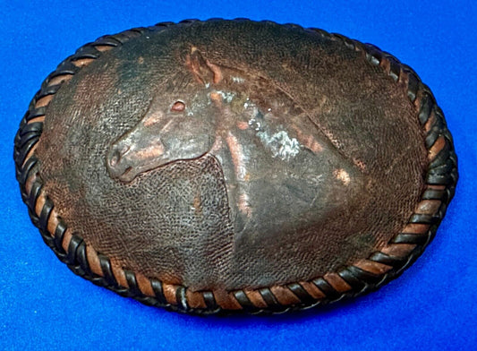 Vintage Horse Head On Brown Leather Belt Buckle to restore!