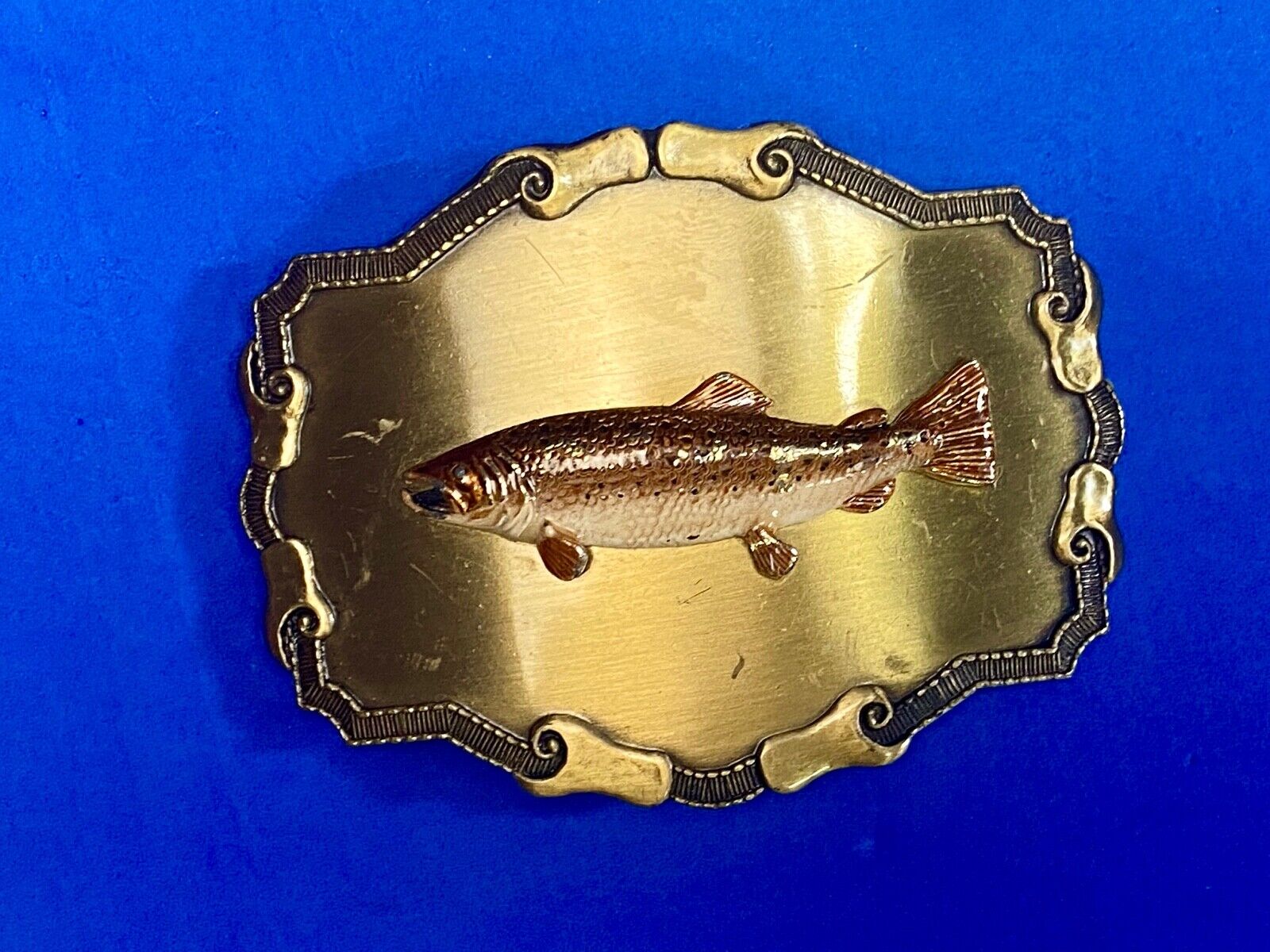 Vintage 1970'S Western Framed Trout Fish Fishing Rraintree Belt Buckle 