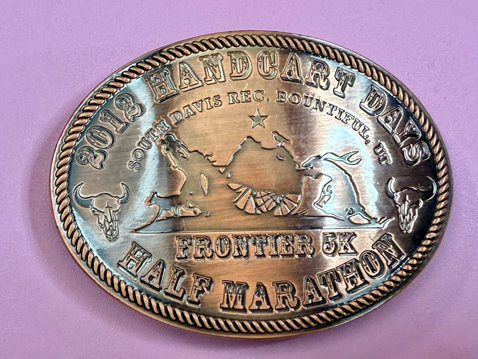2012 Handcart Days Frontier 5K Half Marathon South Davis Utah Belt Buckle