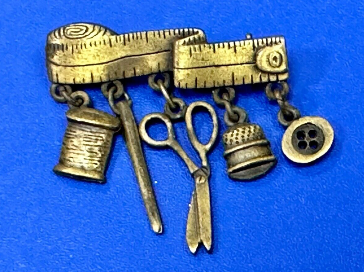 Sewing needle thread dangle charms JJ Signed vintage pewter brooch pin