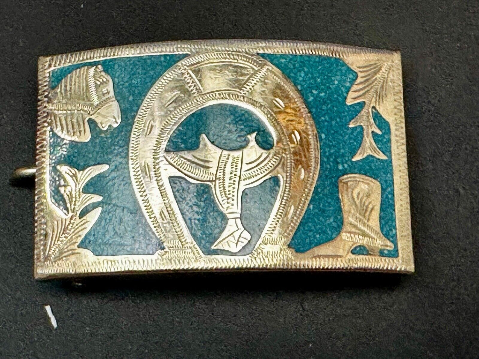 Turquoise Inlaid  Western Horse Cowboy Horseshoe Belt Buckle Stamped Alpaca