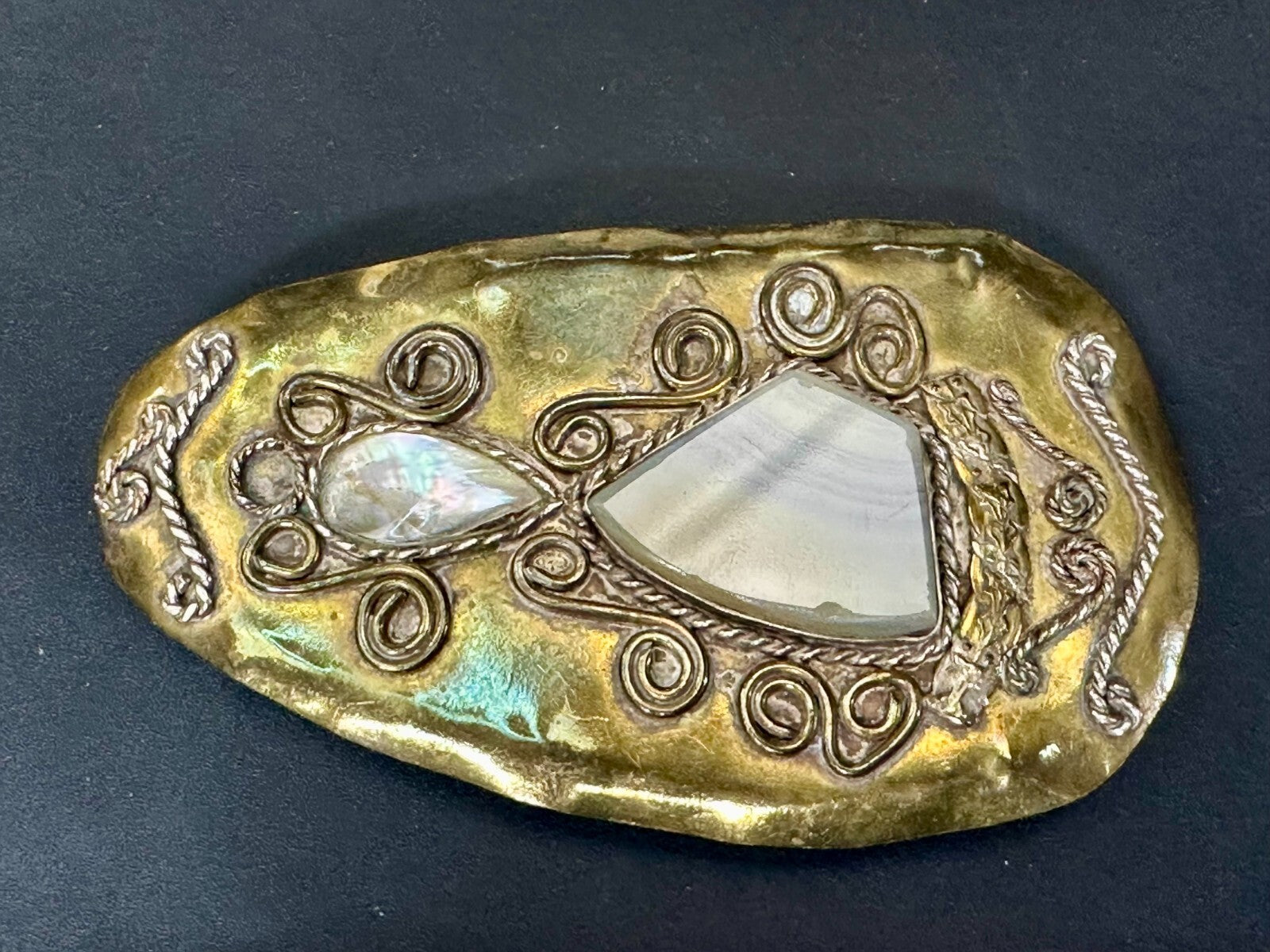 Artisan Mixed Stone Shell Art Nouveau Boho Brass Hippy Vibe Large Belt Buckle