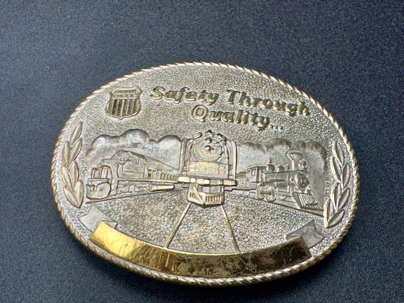 Union Pacific Rail Road SAFETY THROUGH QUALITY Train Engine STOTTS belt buckle