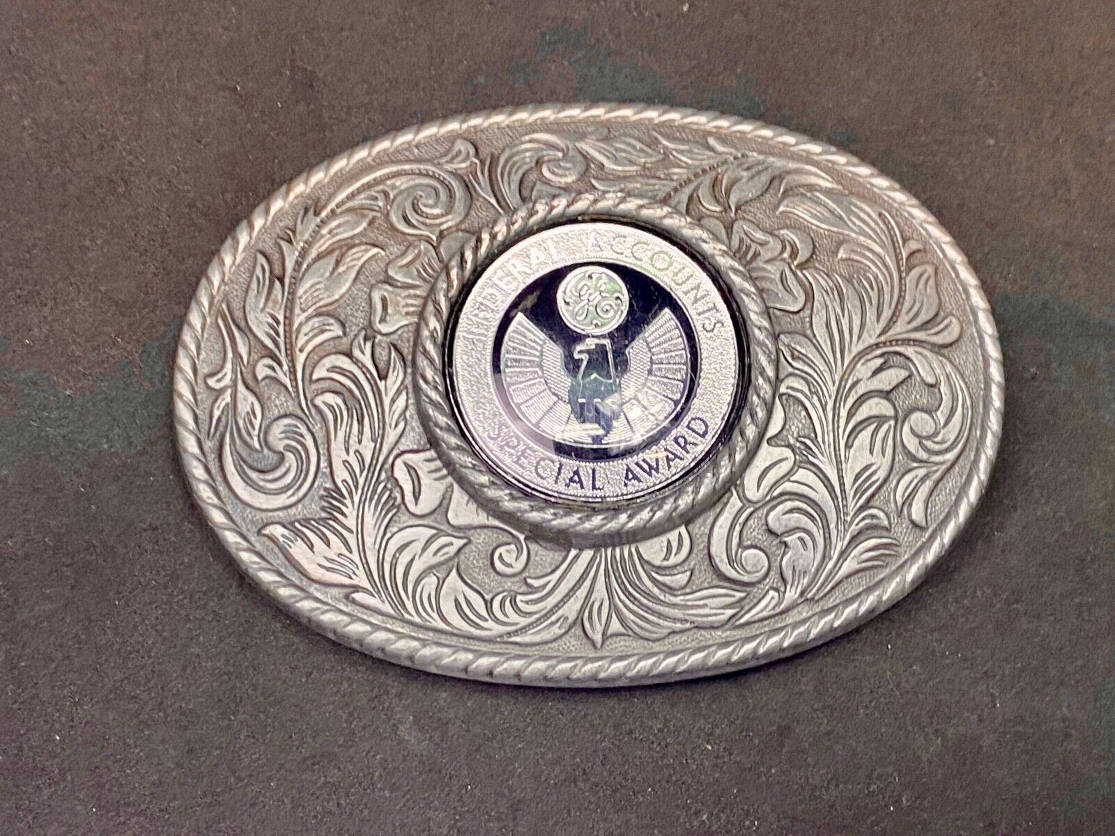 Vintage Ge Federal Accounts Special Award Centerpiece Western Ornate Belt Buckle