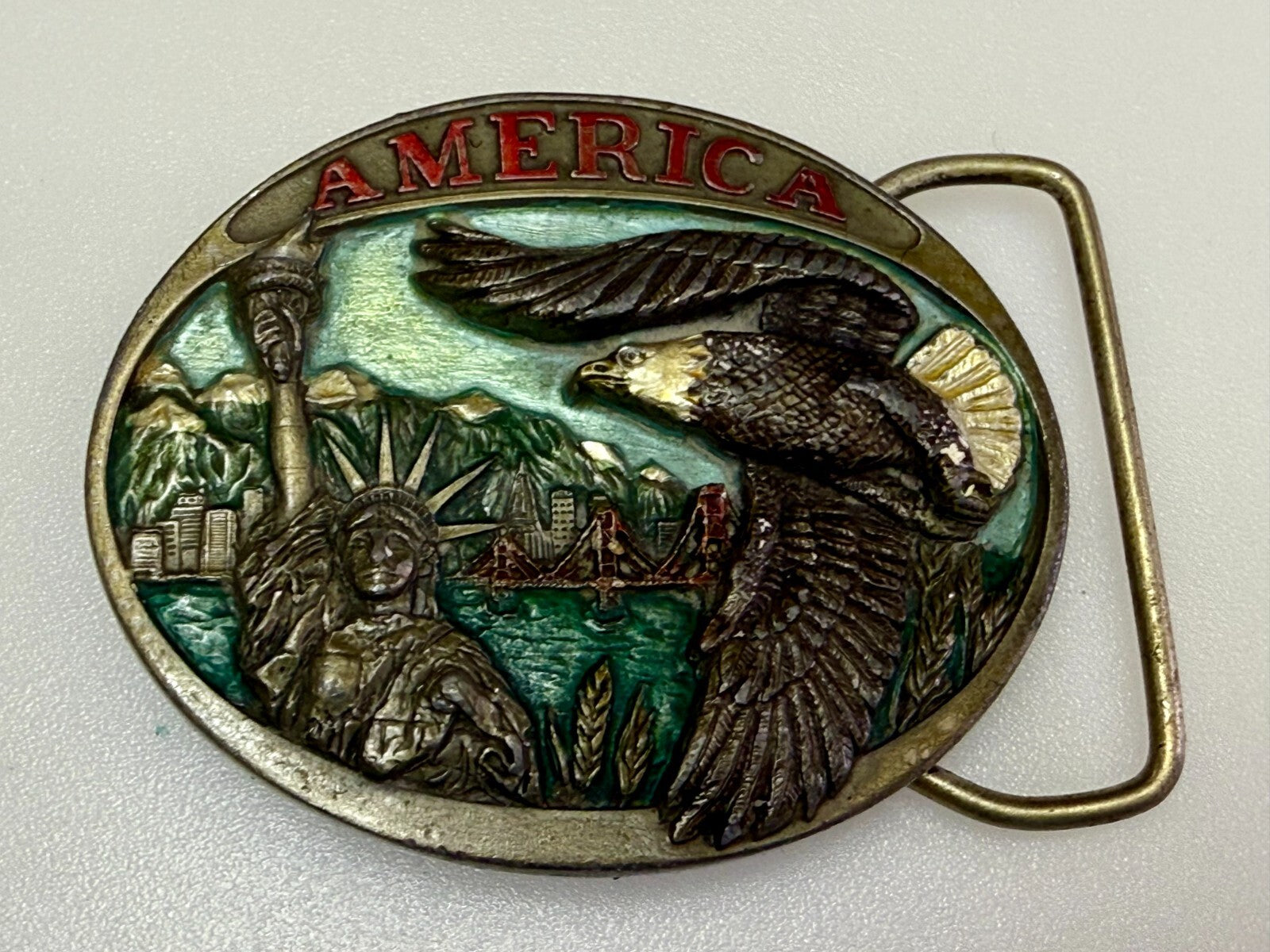 America Statue of Liberty Bald Eagle Golden State Bridge 1985 C+J Belt Buckle