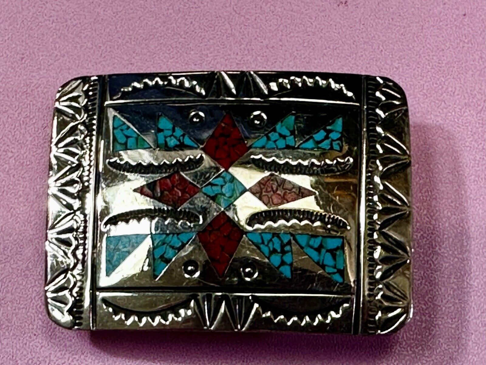 Turquoise & Coral Navajo / Native American Style Artisan 2" Belt Buckle