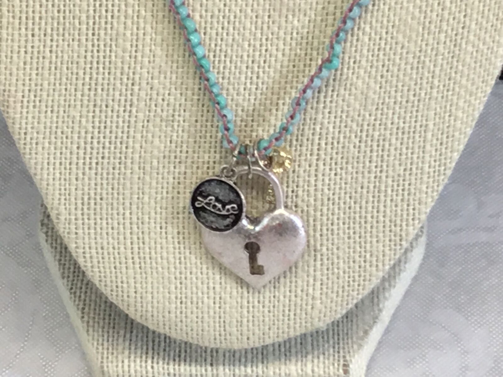 AEO silvertone locket heart pendant key beaded necklace Dual double American 