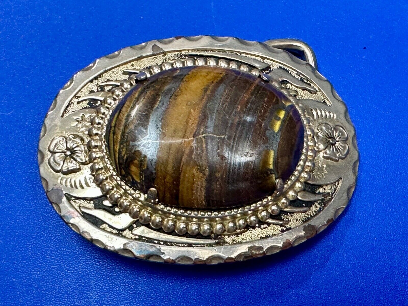 TIGER IRON Vintage Cabochon Cab Stone Centerpiece on Western Belt Buckle