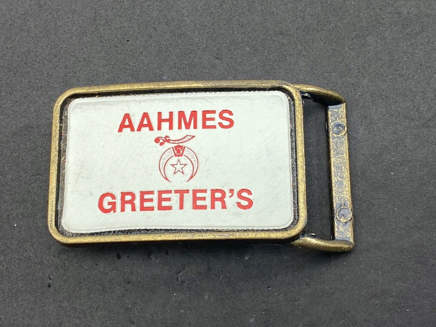 Aahmes Greeters Shriners, or Shrine Masons Club logo - white leather belt buckle