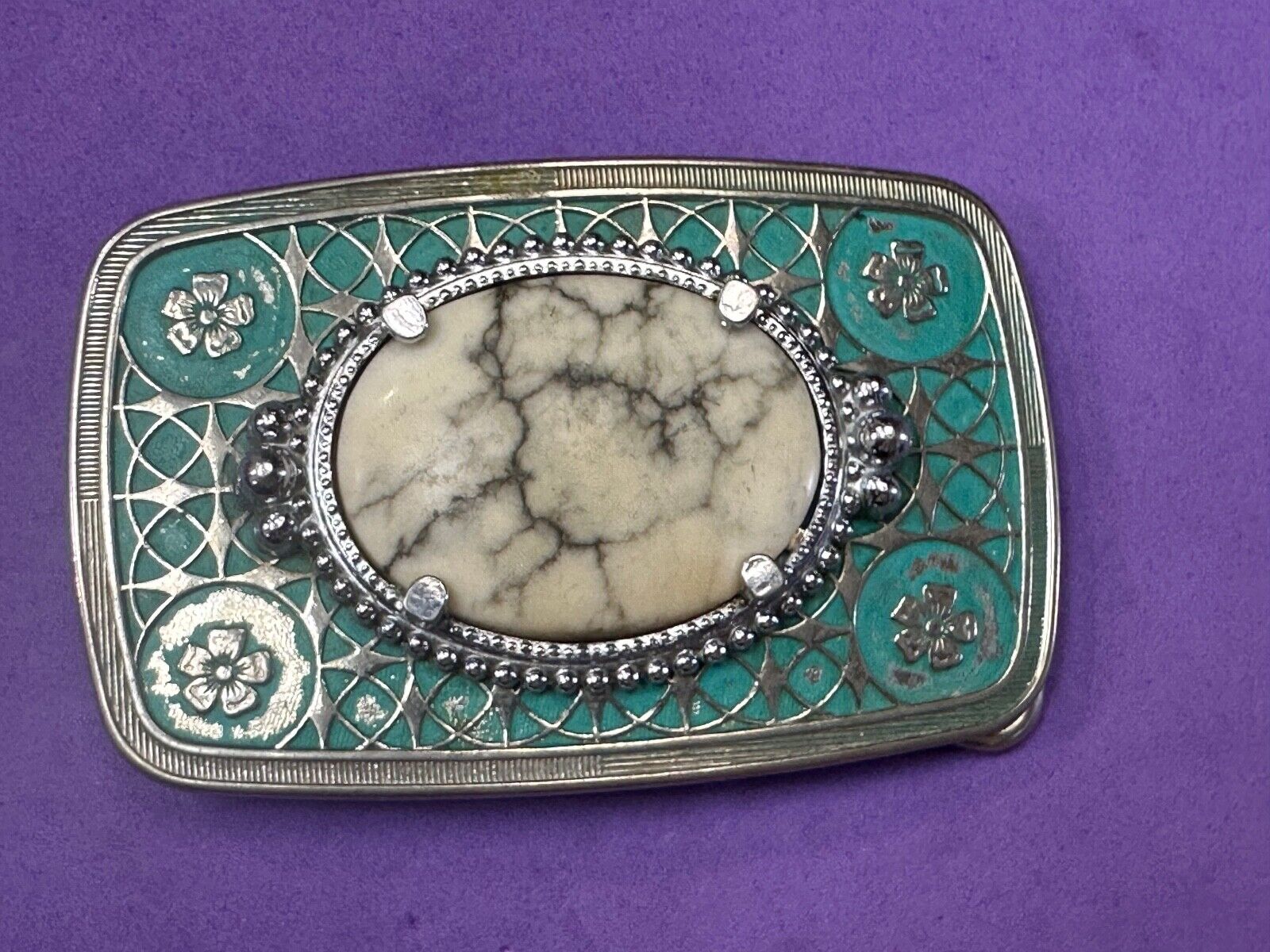 vintage Magnesite cabochon cab stone centerpiece on western belt buckle
