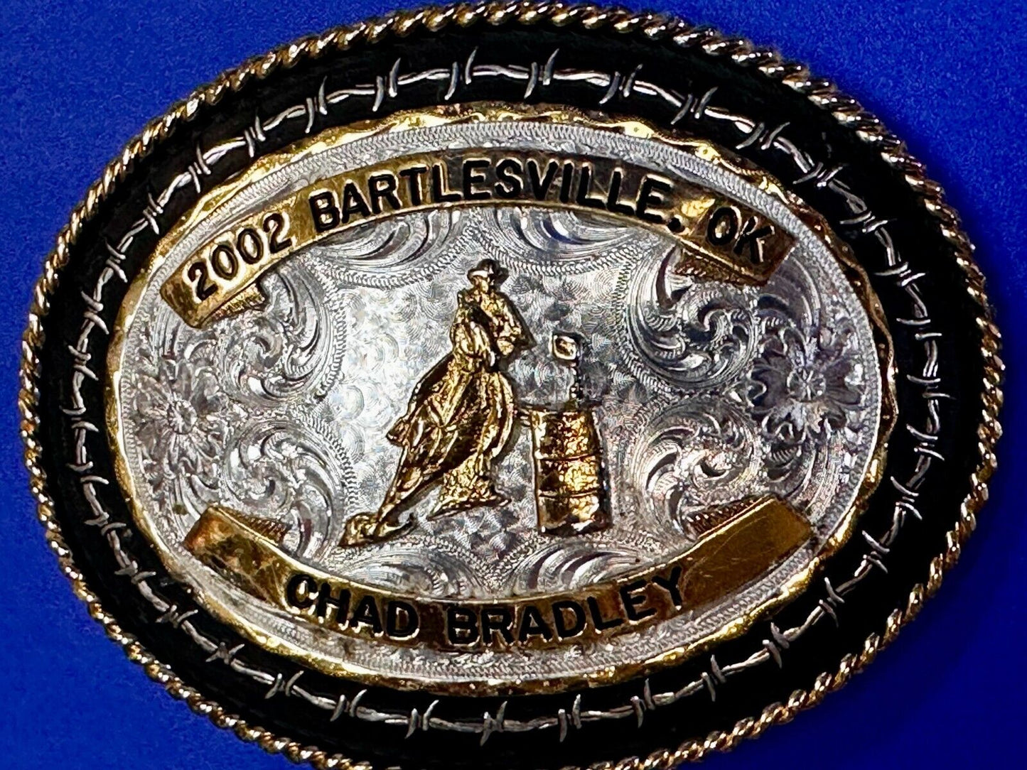 2002 Bartlessville OK Rodeo Trophy Chad Bradley Montana Silversmiths Belt Buckle