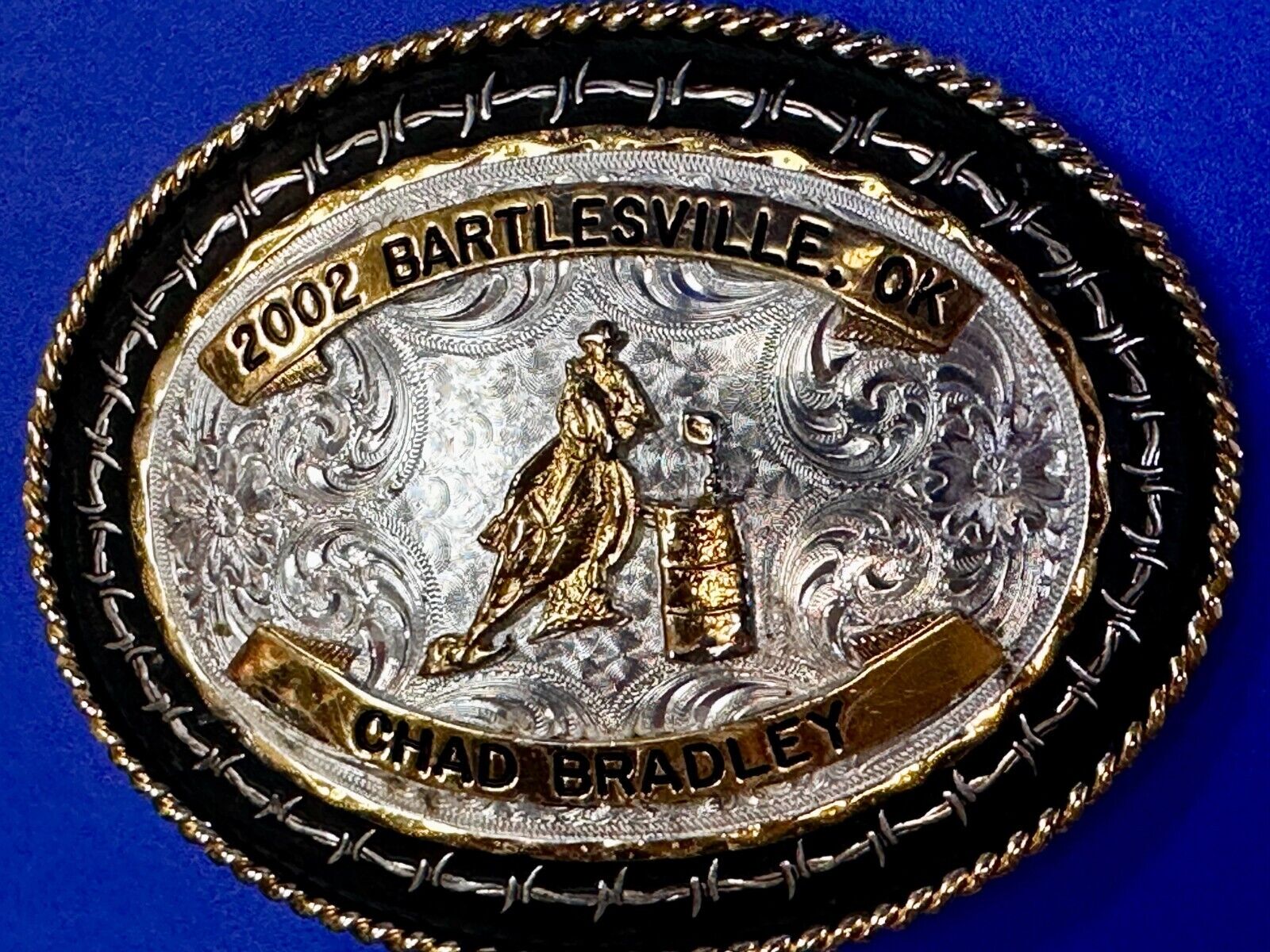 2002 Bartlessville OK Rodeo Trophy Chad Bradley Montana Silversmiths Belt Buckle