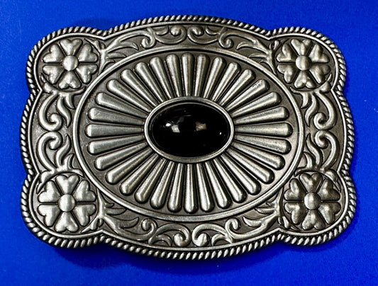 Black Faux Stone Cabochon Centerpiece in Western Framed Belt Buckle