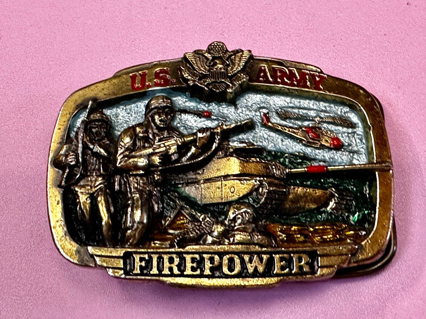 US Army Fire Power The Great American Buckle company Vintage Tank Helicopter