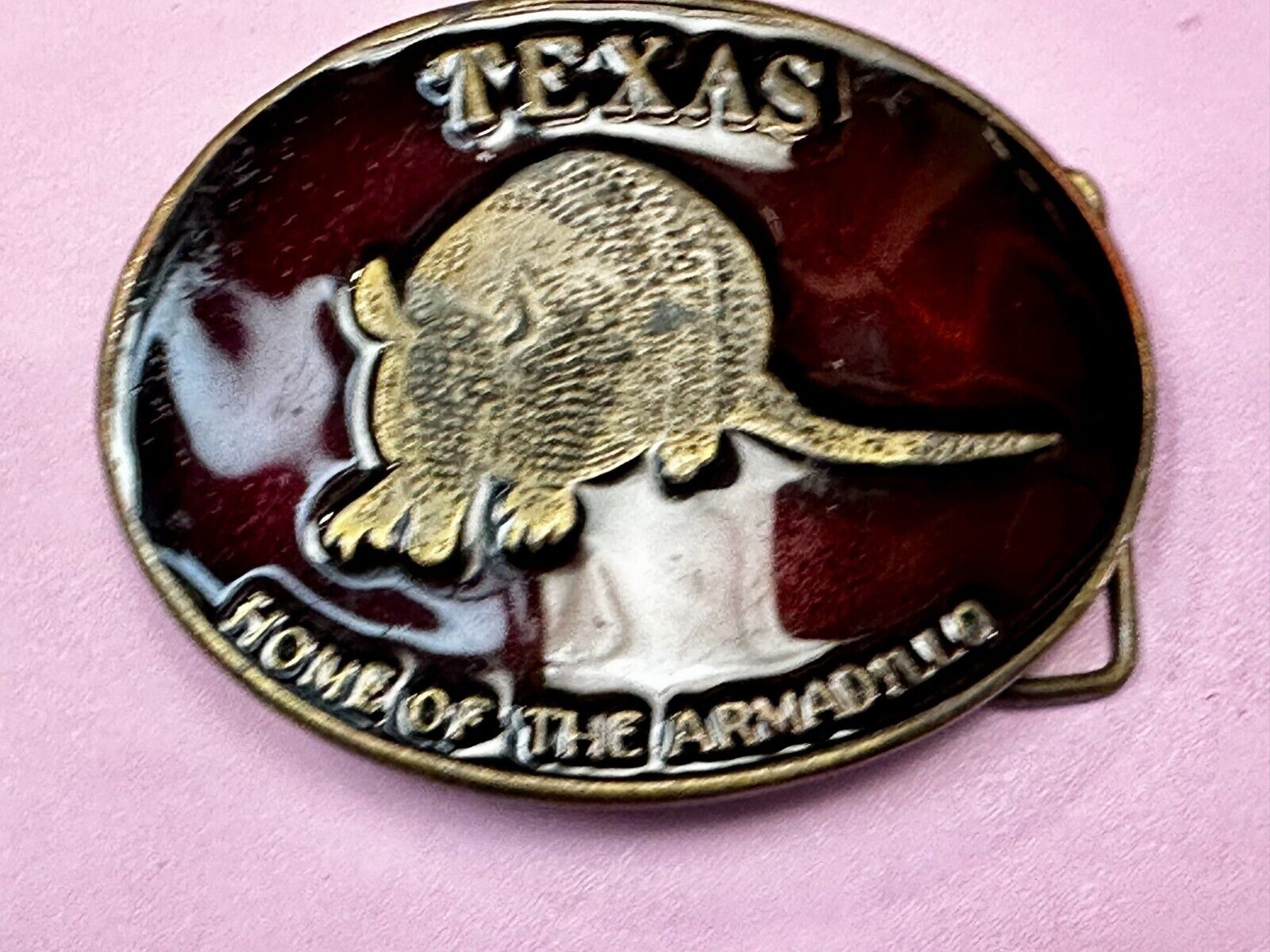 Texas Home of the Armadillo Commemorative Red colored Belt Buckle by Koleaco