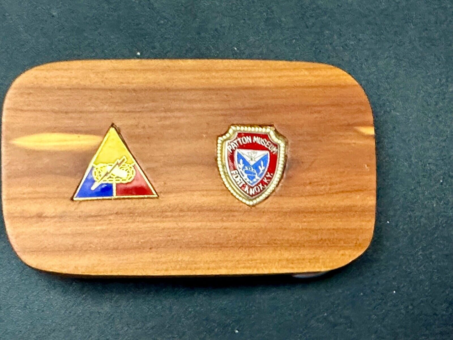 Two pins Patton Museum Fort Knox KY Artisan Inlaid project to wooden Belt Buckle
