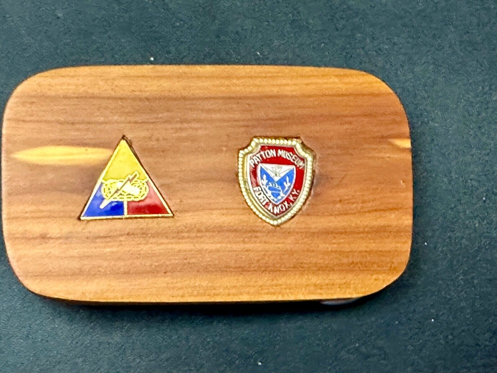 Two pins Patton Museum Fort Knox KY Artisan Inlaid project to wooden Belt Buckle
