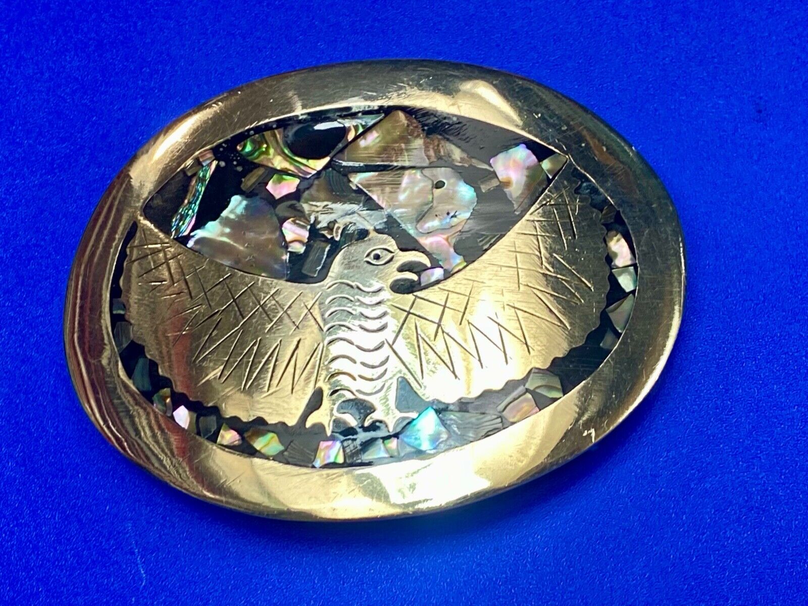 Abalone Shell Native BIRD - wings wide Alpaca Mexico stamped belt buckle