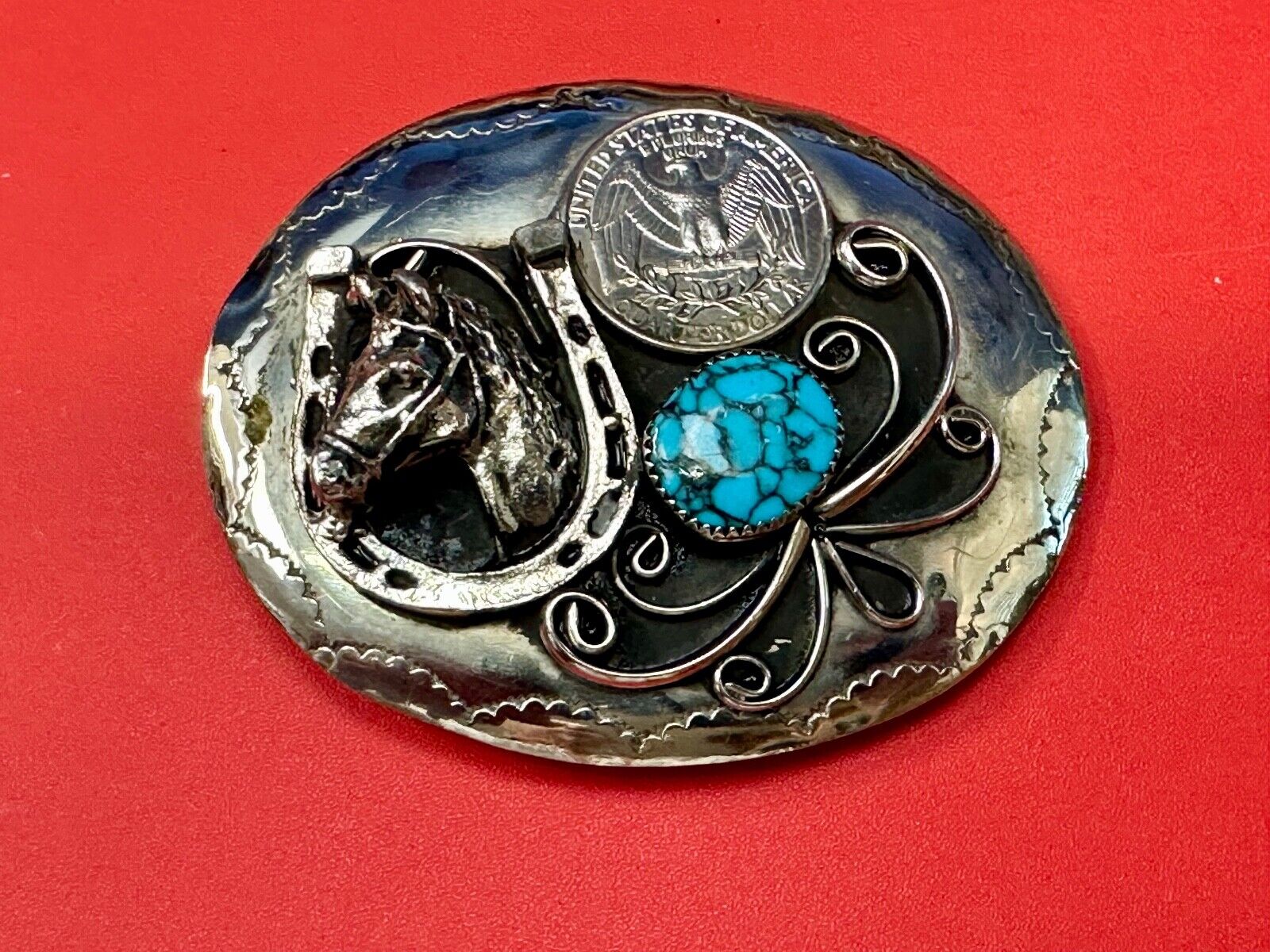 Turquoise Stone Horse Head & Shoe, Quarter Coin Southwestern belt buckle