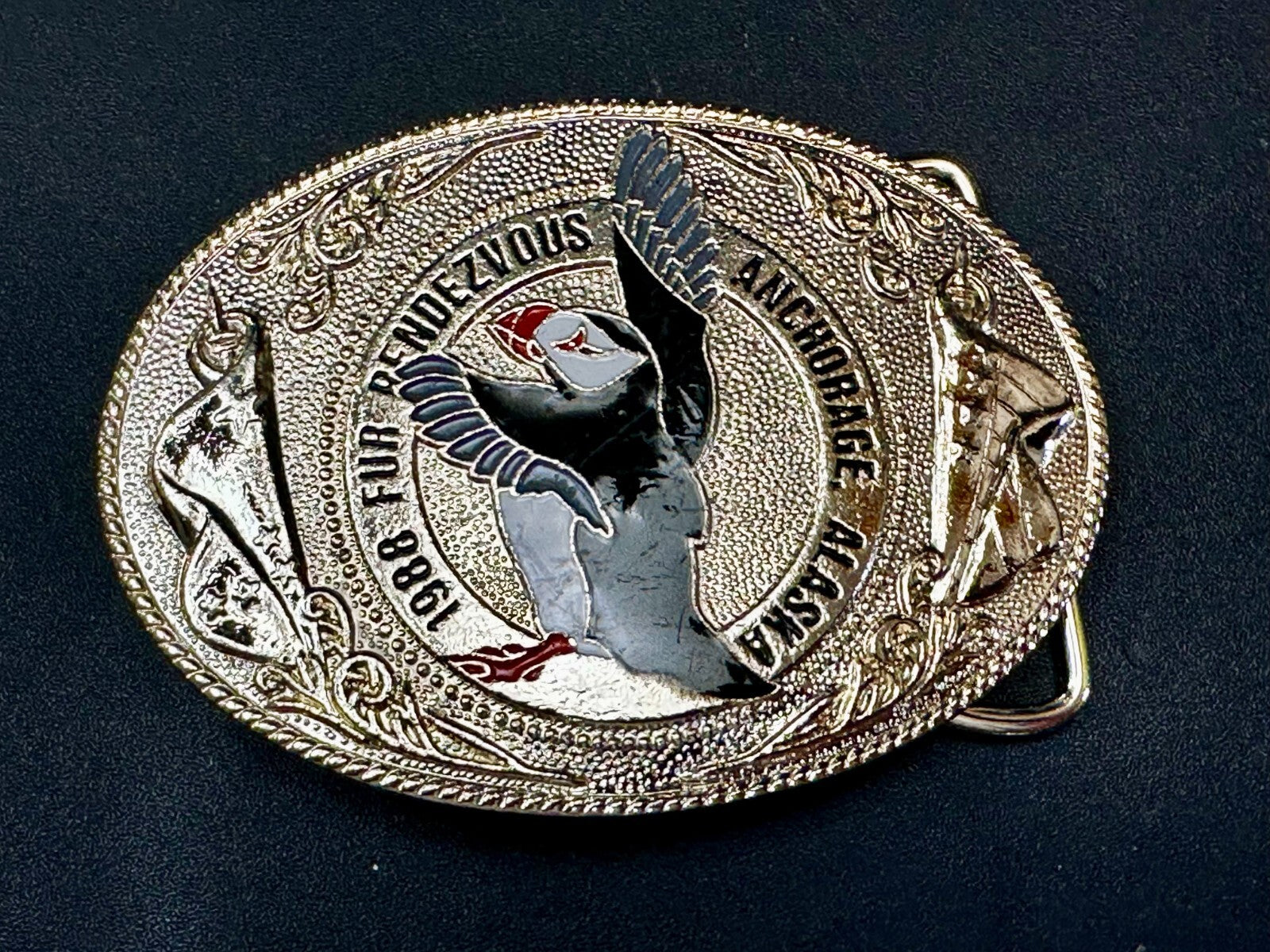 1988 Fur Rendezvous Anchorage Alaska Flag Bald Eagle Commemorative Belt Buckle