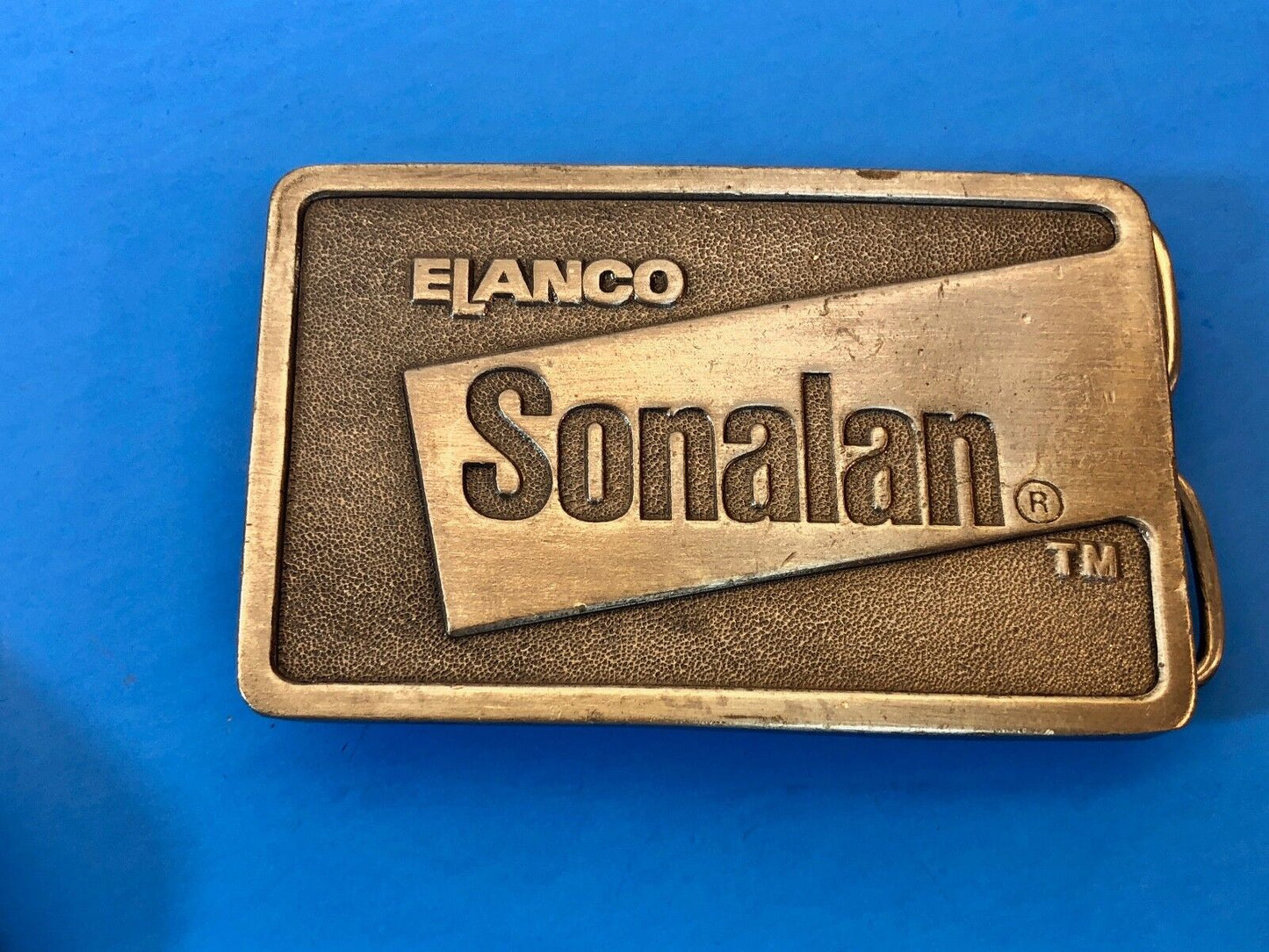 1980s **ELANCO SONALAN** farming HERBICIDE BELT BUCKLE  customer thank you 