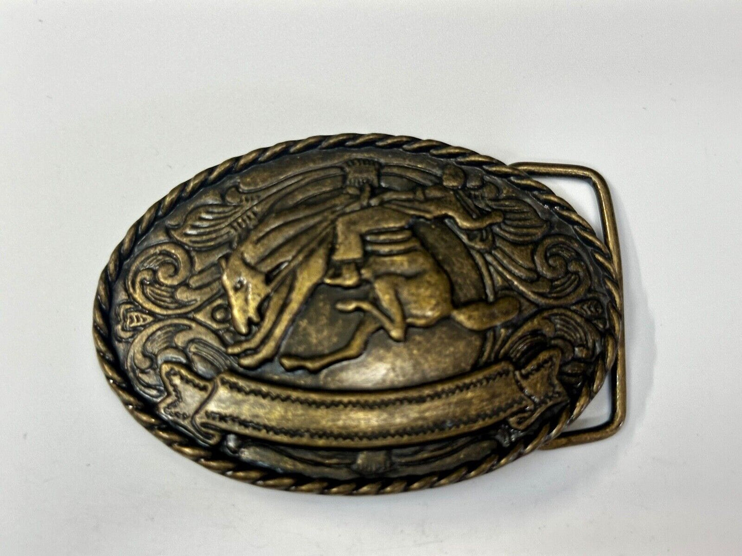 Abstract Vintage Cowboy Saddle Bronc western belt buckle with award ribbon