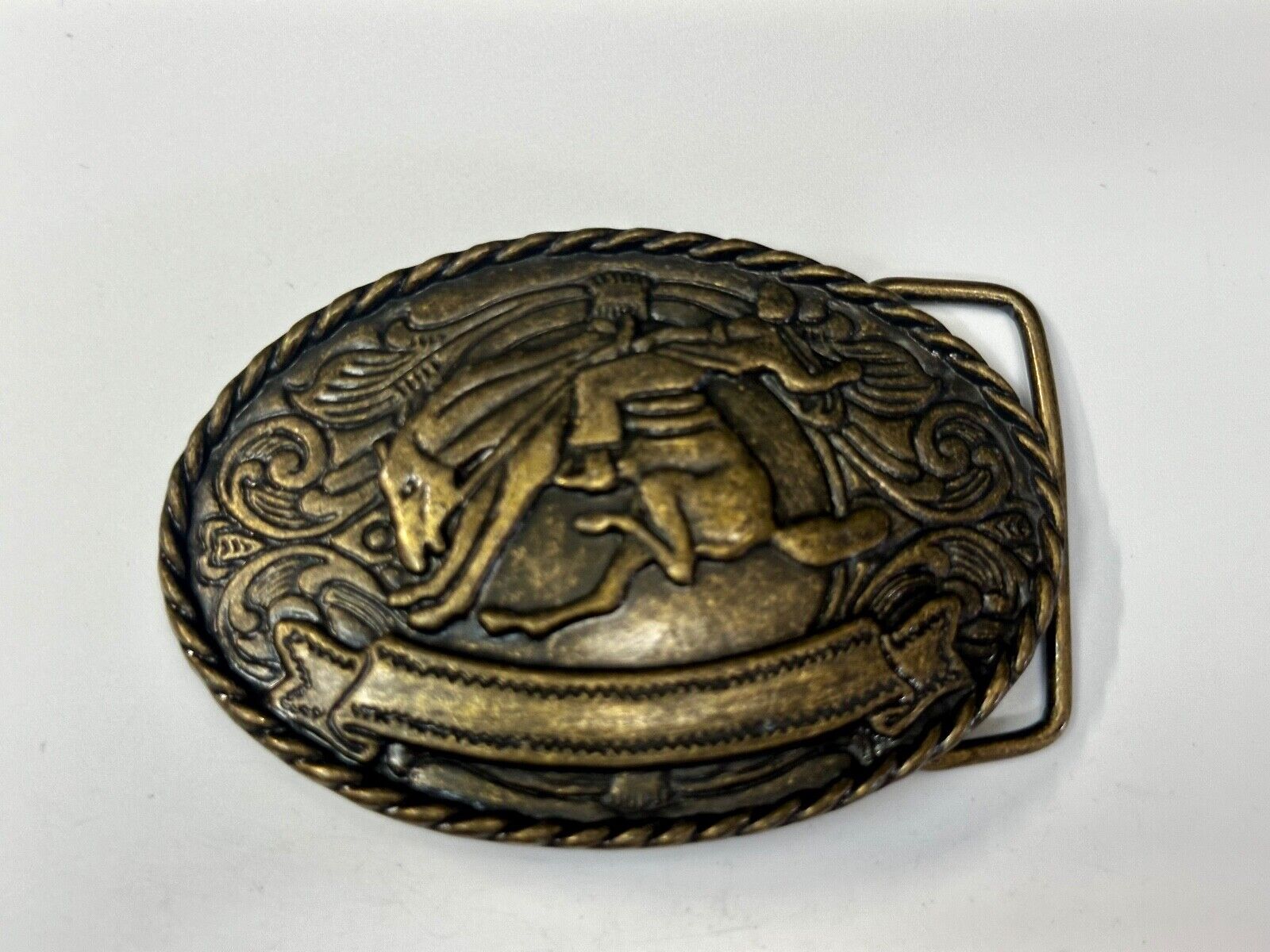 Abstract Vintage Cowboy Saddle Bronc western belt buckle with award ribbon