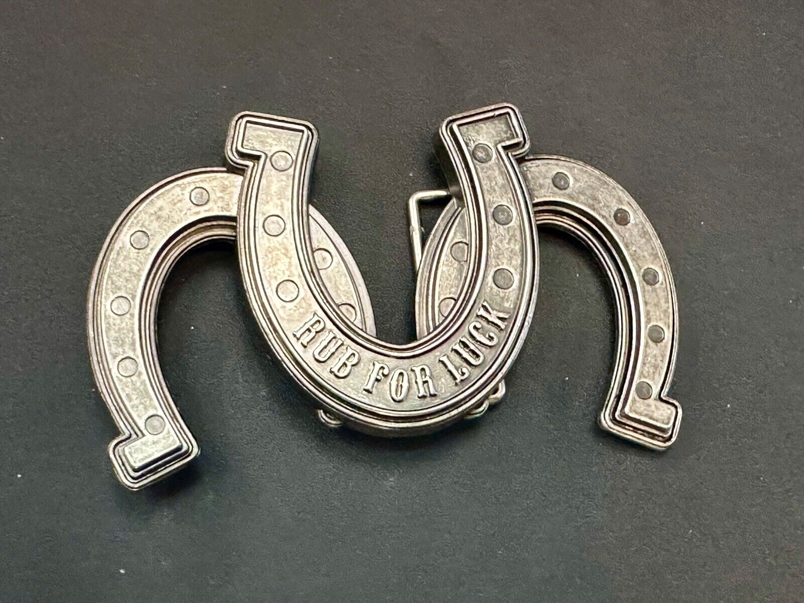 Triple trio horseshoes lucky Novelty belt buckle RUB FOR LUCK horse shoe