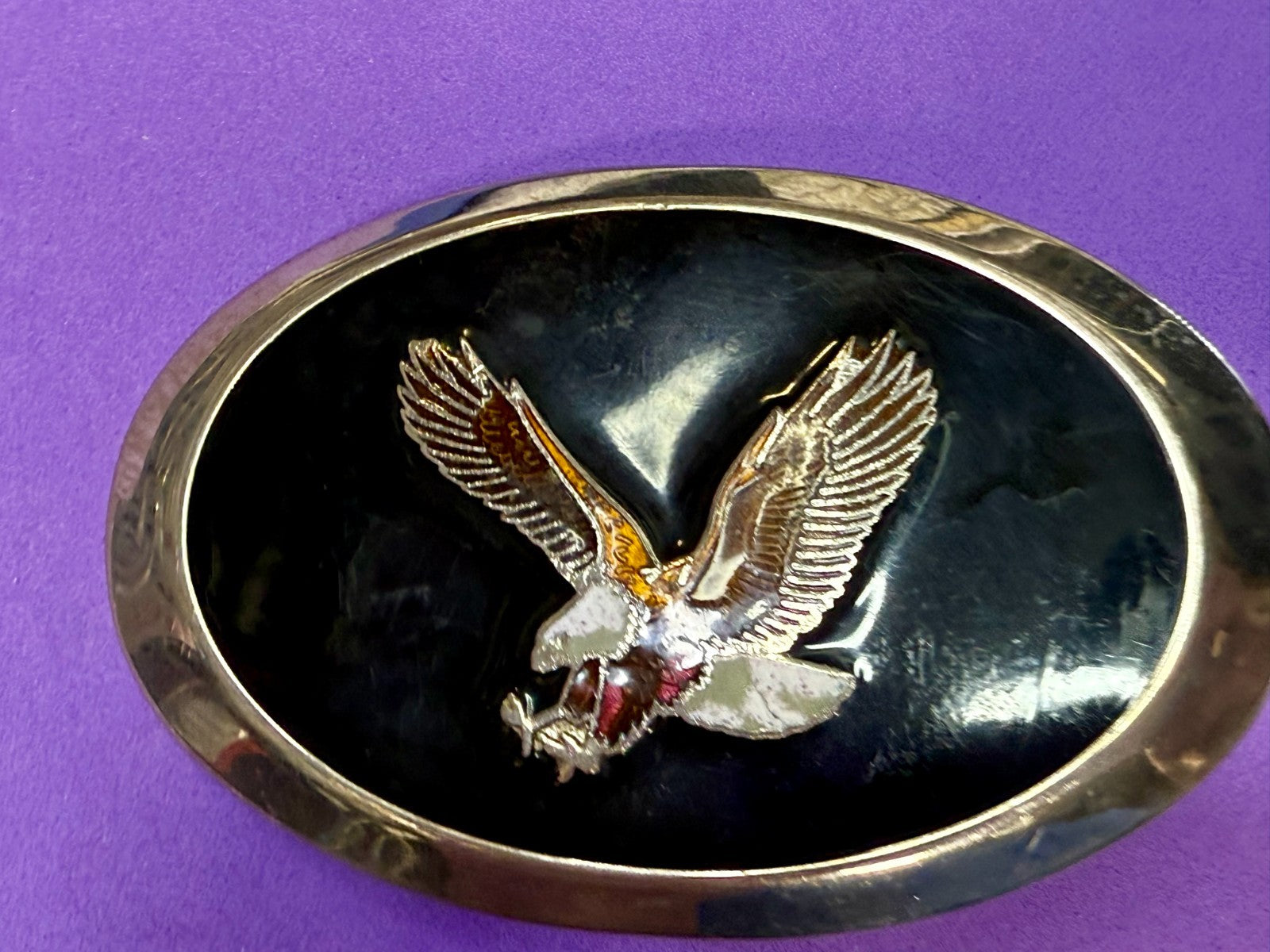 American Bald Eagle Flying Hunting Claws Black Enameled Western Oval Belt Buckle