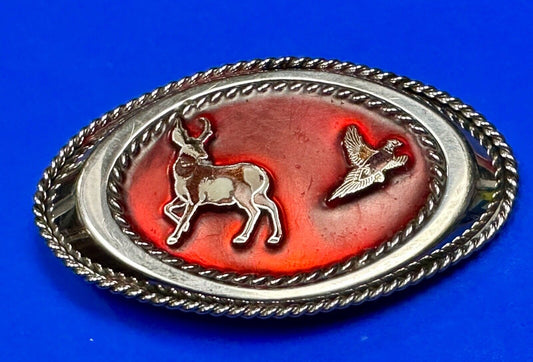Vintage Artisan Hunters Deer and Quail oval western belt buckle