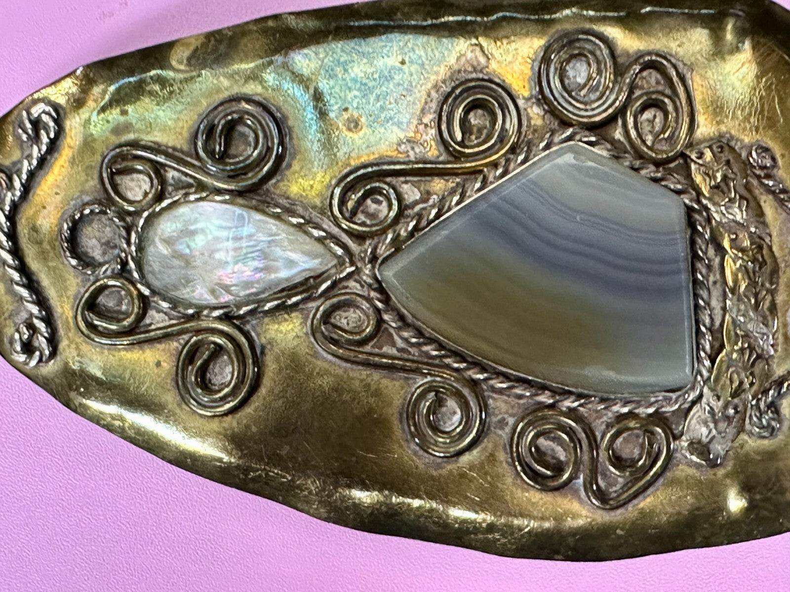 Artisan Mixed Stone Shell Art Nouveau Boho Brass Hippy Vibe Large Belt Buckle