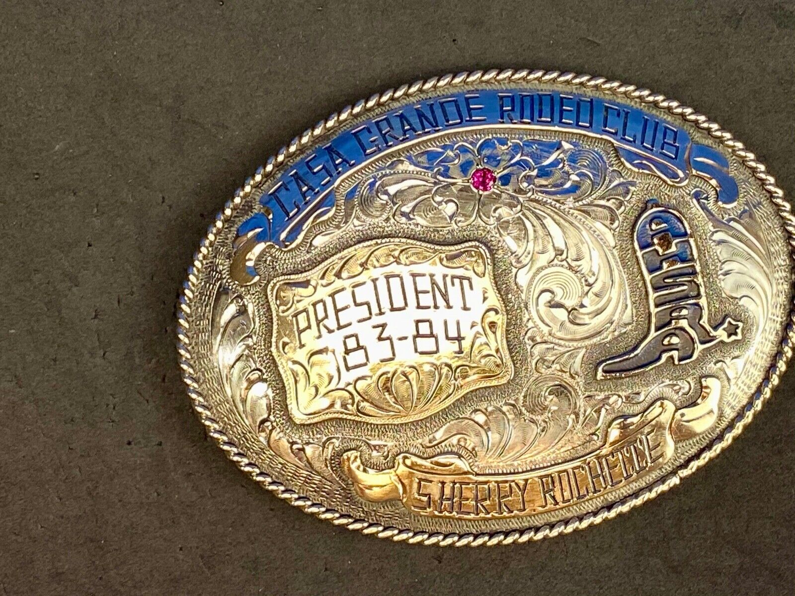 80's Lee Wesley trophy belt buckle CASA Grande Rodeo Club President Award AHSA 