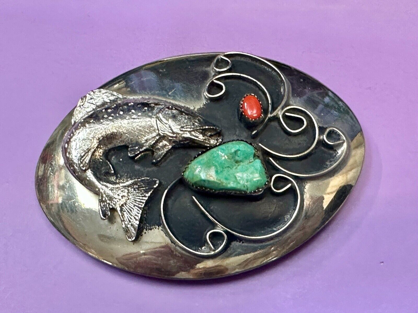Bass Fish - Turquoise & Coral accented Native American Indian Style Belt Buckle