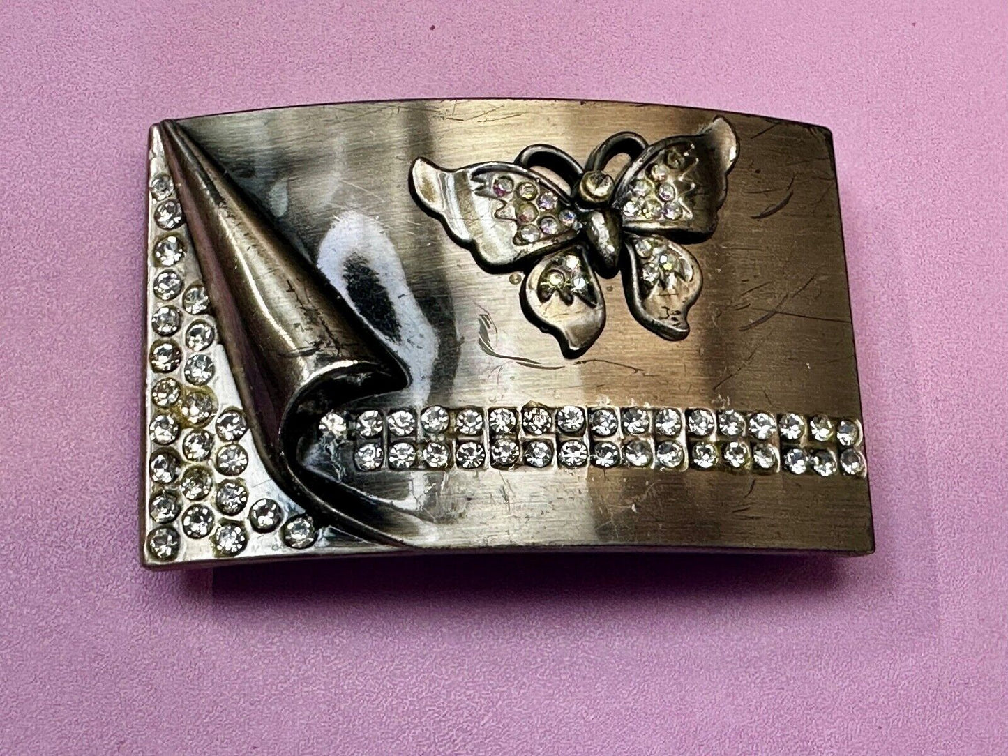 Unique Butterfly Theme Rhinestone Accented Vintage Silver Tone Belt Buckle