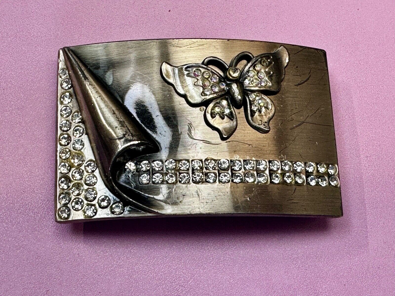 Unique Butterfly Theme Rhinestone Accented Vintage Silver Tone Belt Buckle