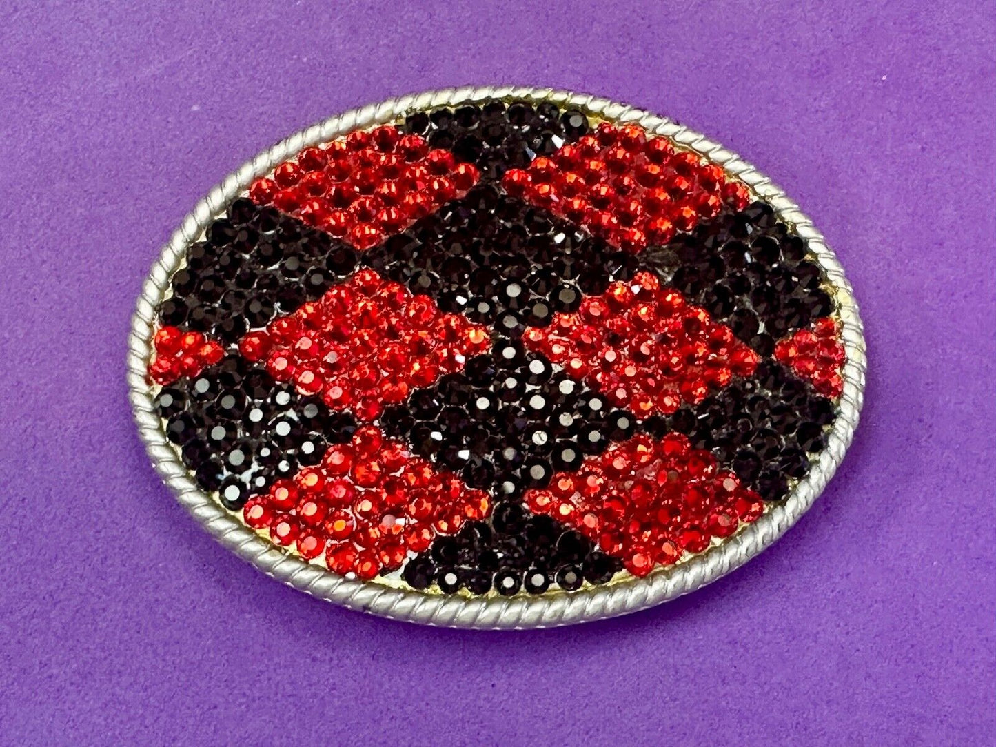 Black &  Red rhinestone Checkerboard Diamond Jester 3.75" wide belt buckle