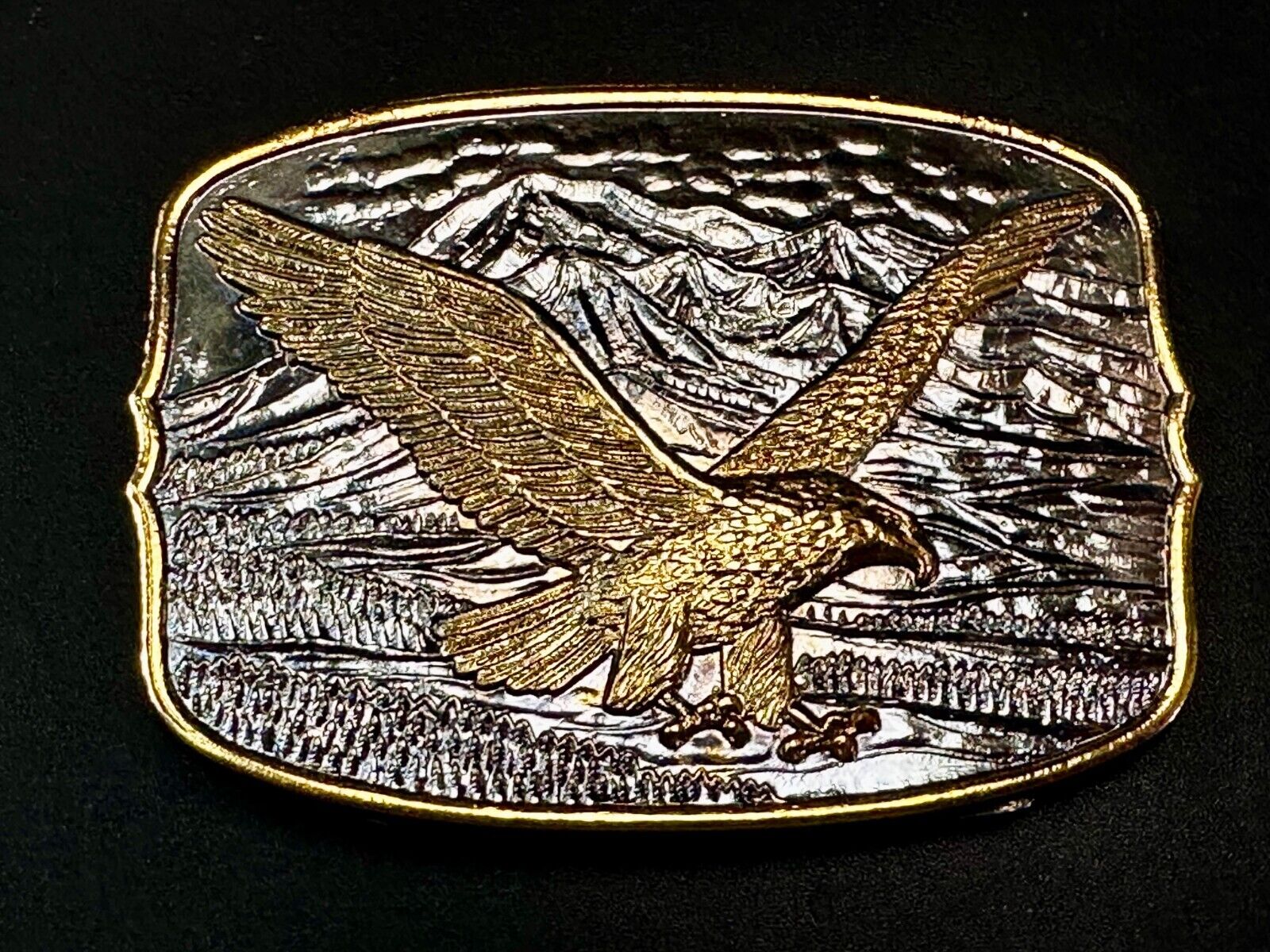 Majestic American Bald Eagle Flying high USA Mountains Two Tone Belt Buckle