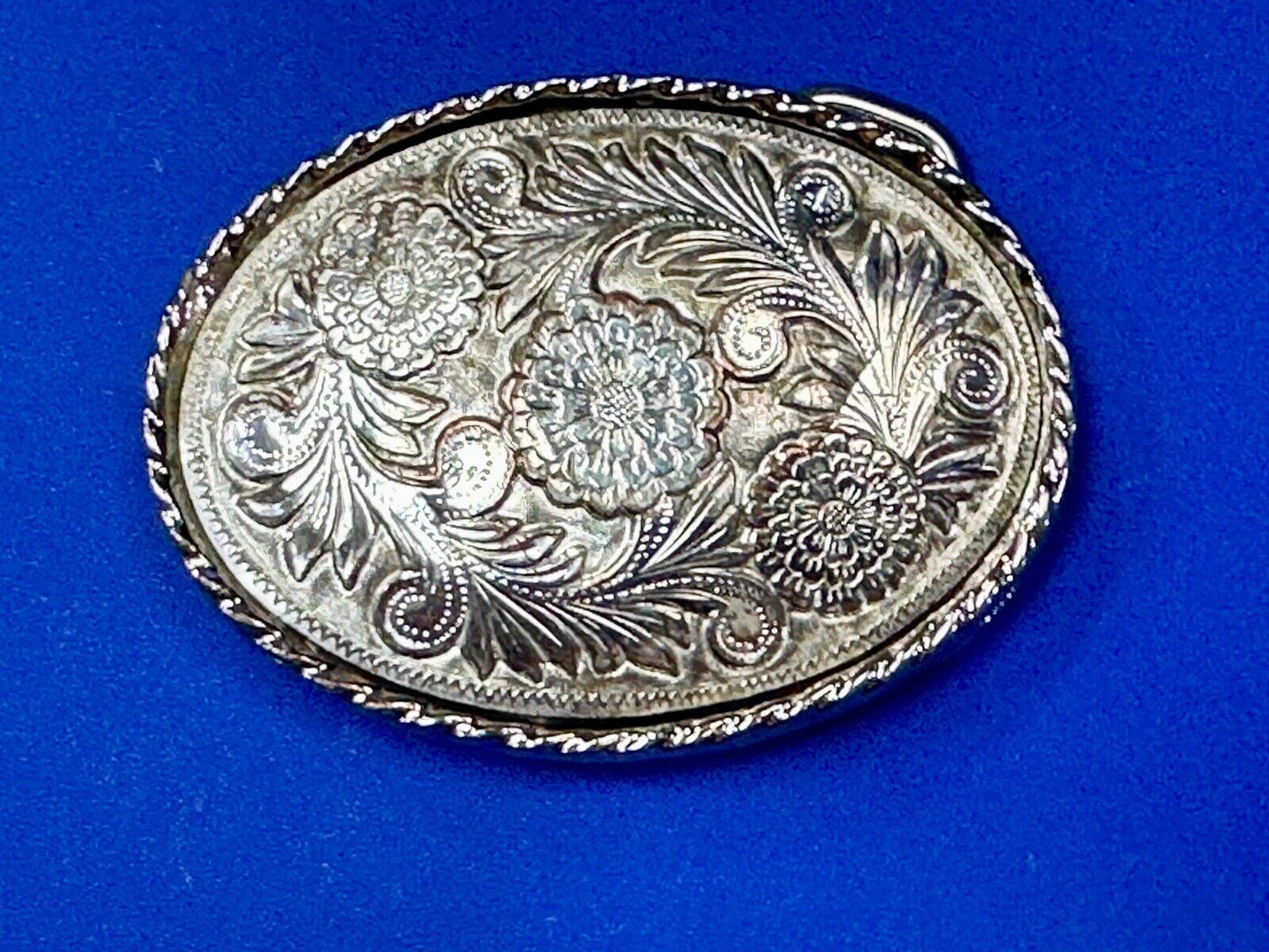 vintage flower leaf design western etched belt buckle marked W