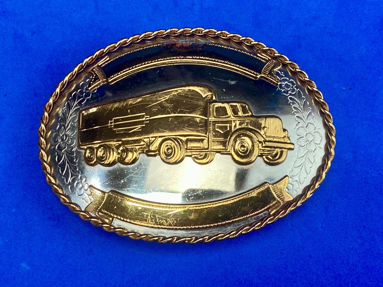 Vintage German silver Semi Driver Big Rig blank award ribbon scroll belt buckle 