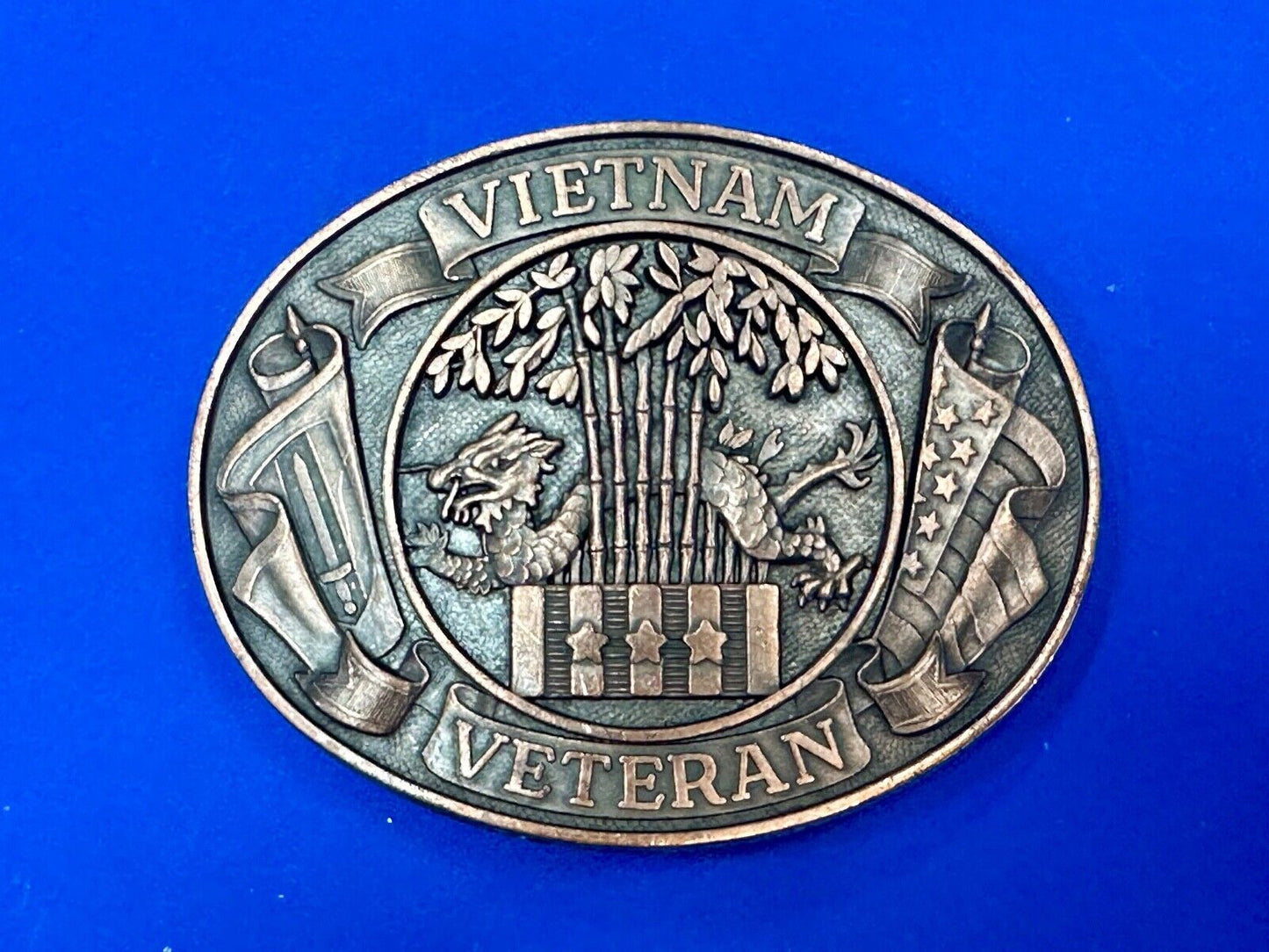 Vietnam War Veteran - vintage dragon, Patriotic American Flag oval belt buckle