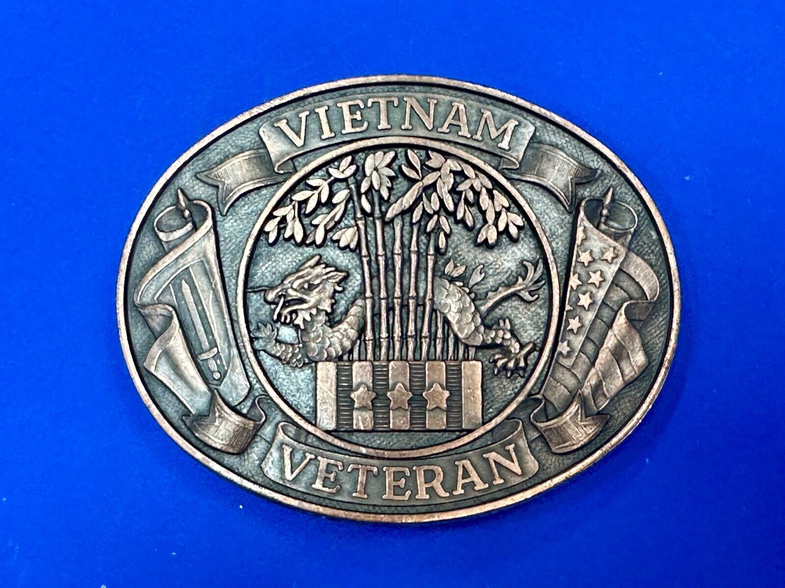 Vietnam War Veteran - vintage dragon, Patriotic American Flag oval belt buckle