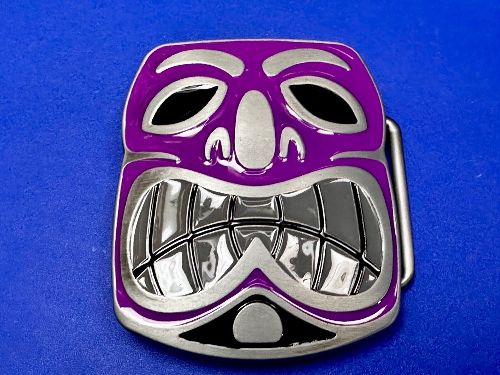 Tribal Tiki Mask Statue Animation Hawaiian Silver & Purple Color Belt Buckle
